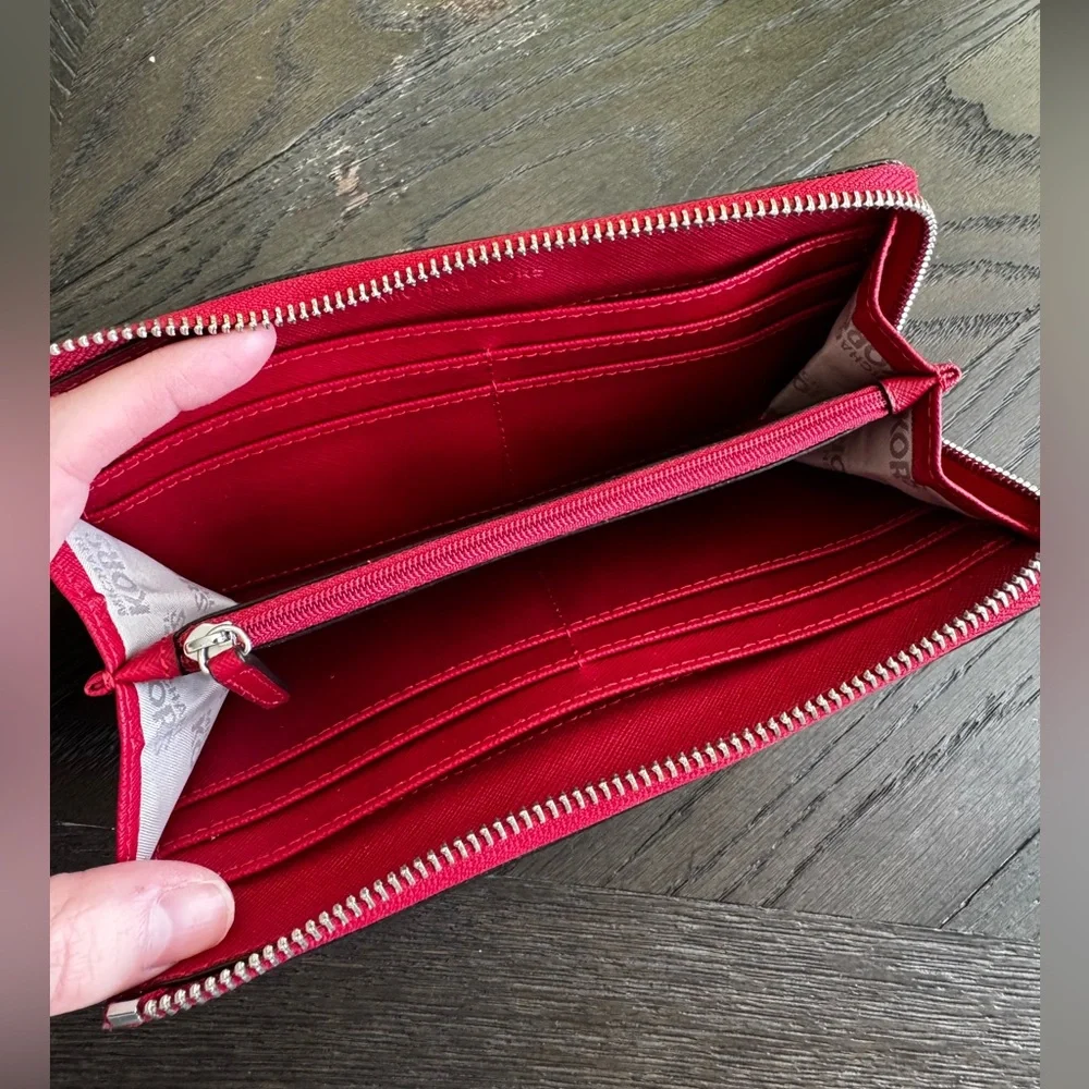Michael Kors Jet Set Travel Large Saffiano Leather Three Quarter Zip Wallet Red